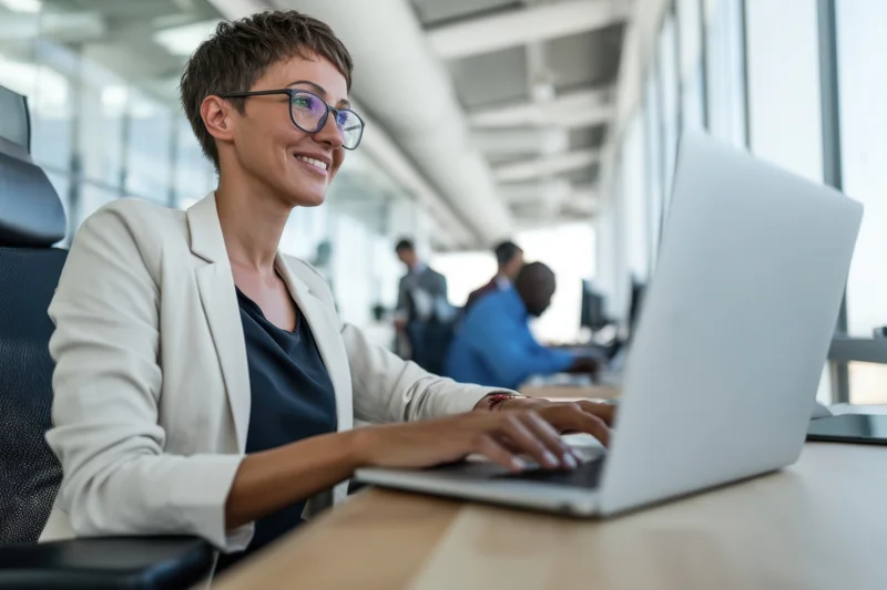 Woman smiling while typing on laptop at office desk