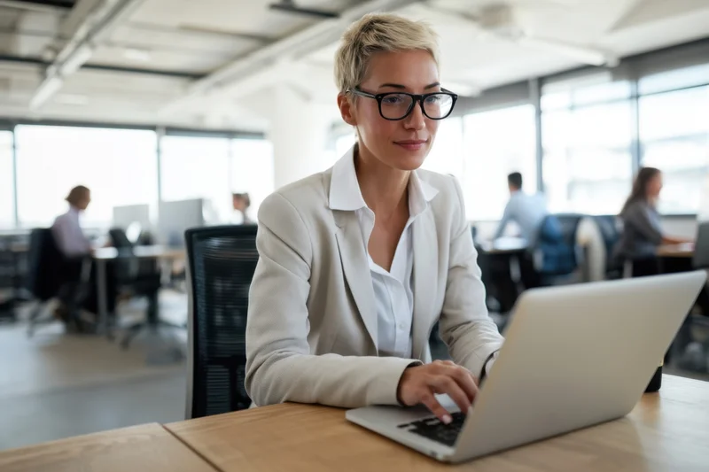 Woman in white blazer typing on laptop at wooden desk in open office space