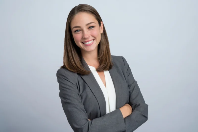 Woman in gray suit with arms crossed smiling in studio portrait
