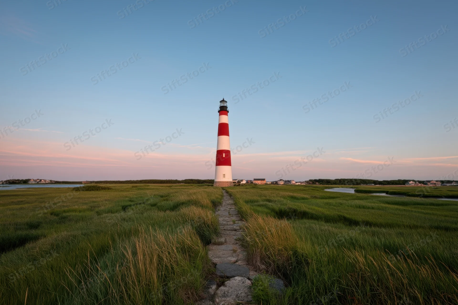 Red and white striped lighthouse at end of stone pathway through grassy marsh at dusk
