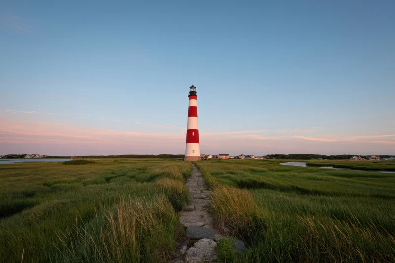 Red and white striped lighthouse at end of stone pathway through grassy marsh at dusk