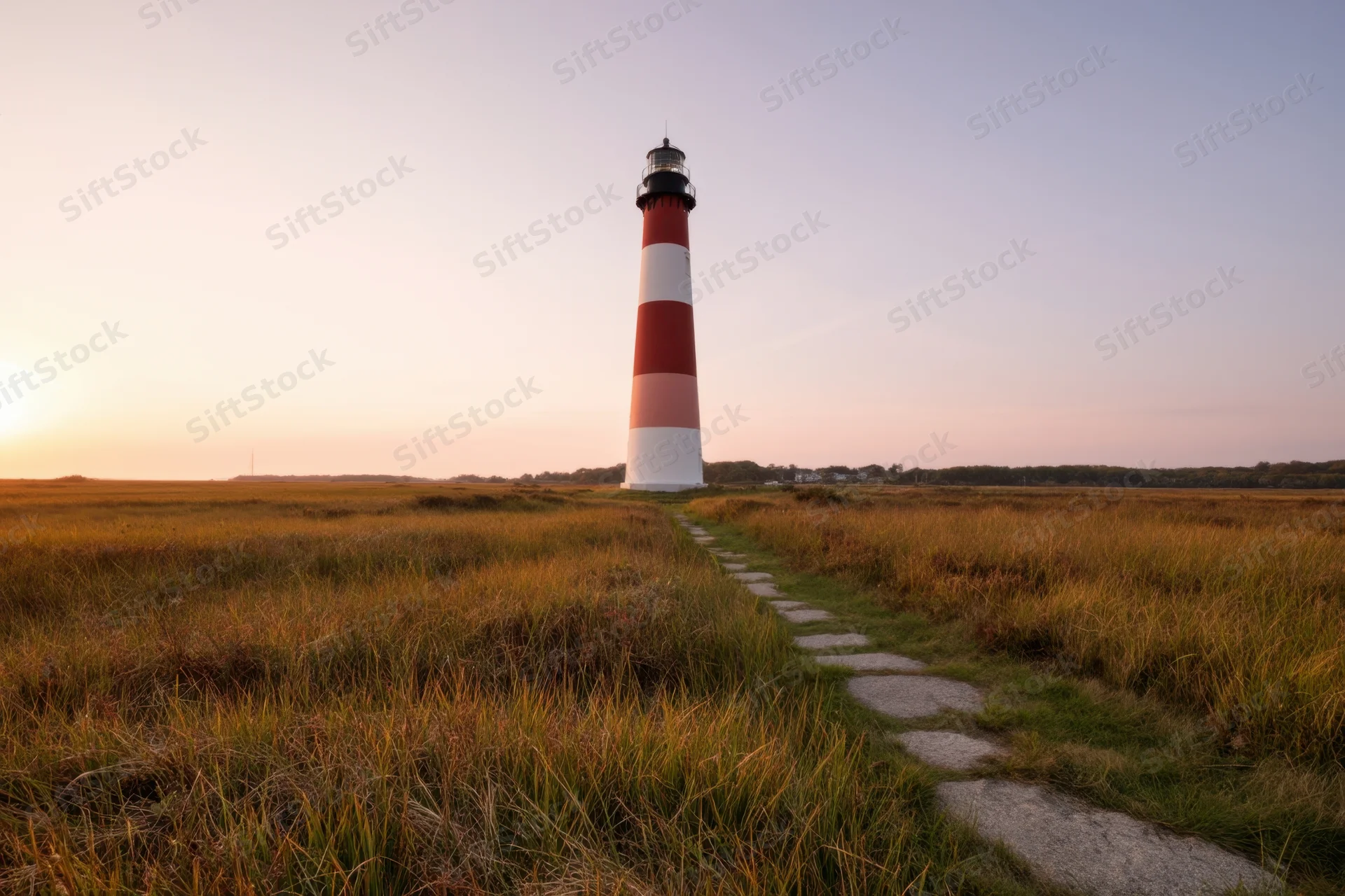 Red and white striped lighthouse at end of grassy field with stone path leading to it at sunset