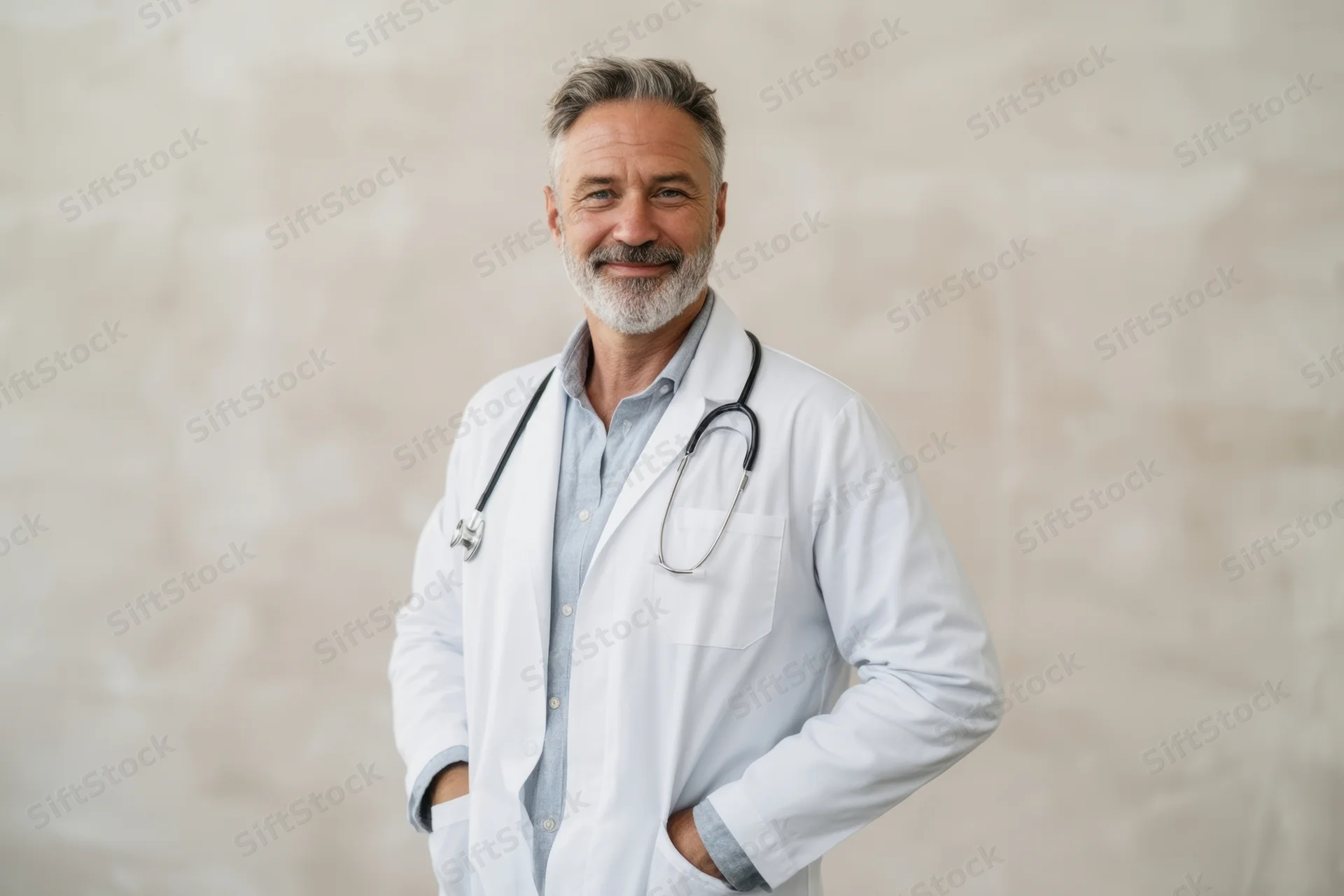 Smiling male doctor in white coat with stethoscope standing indoors with hands in pockets