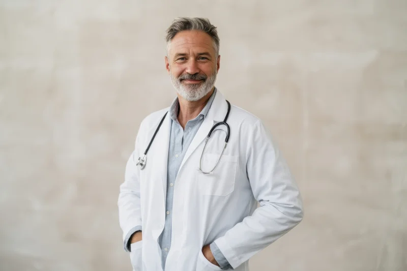 Smiling male doctor in white coat with stethoscope standing indoors with hands in pockets