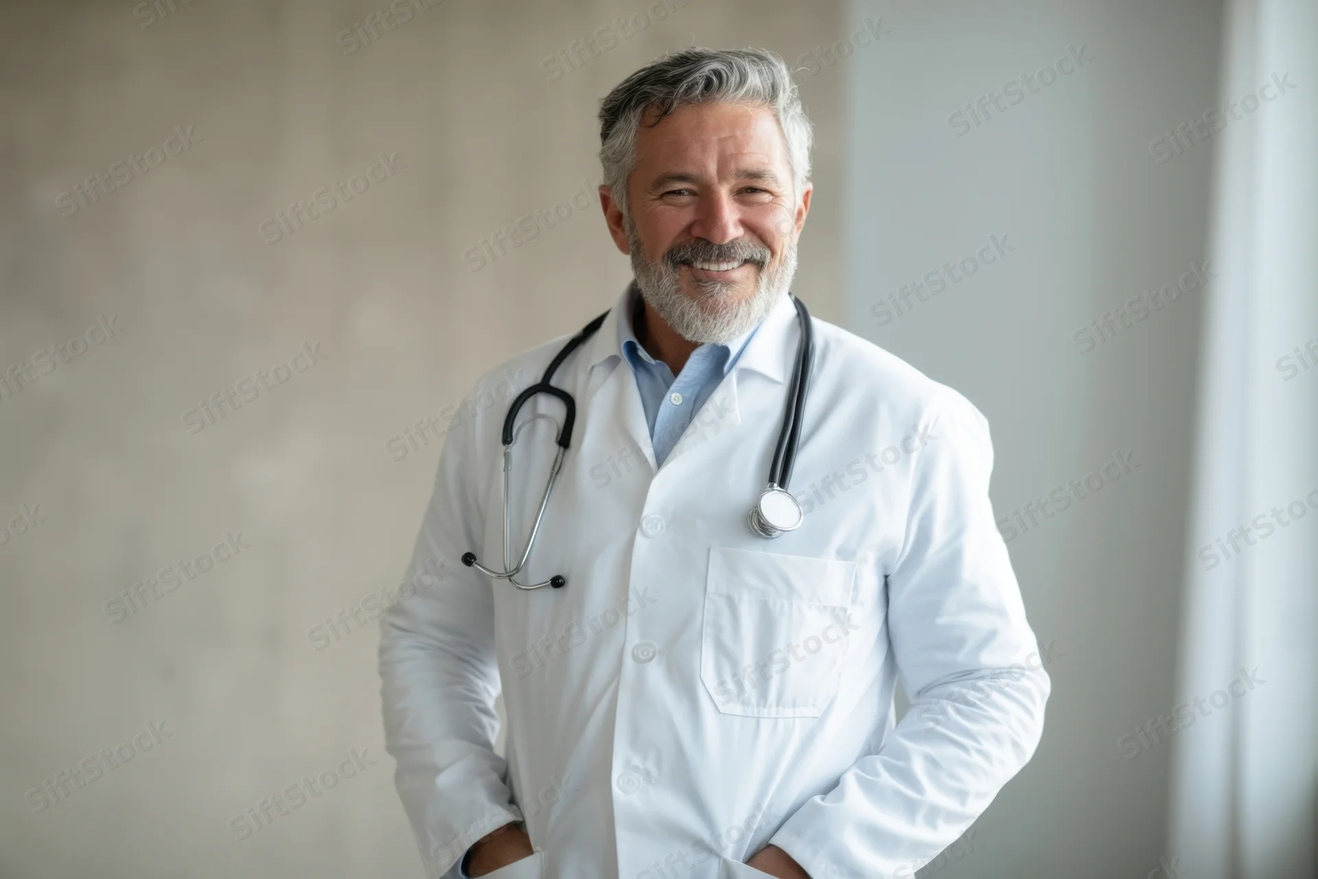 Smiling male doctor in white coat with stethoscope around neck standing in clinic interior
