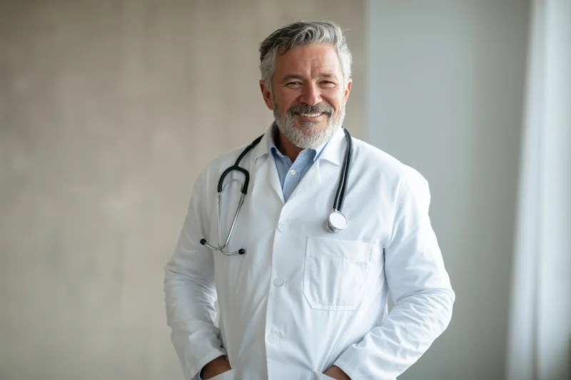 Smiling male doctor in white coat with stethoscope around neck standing in clinic interior