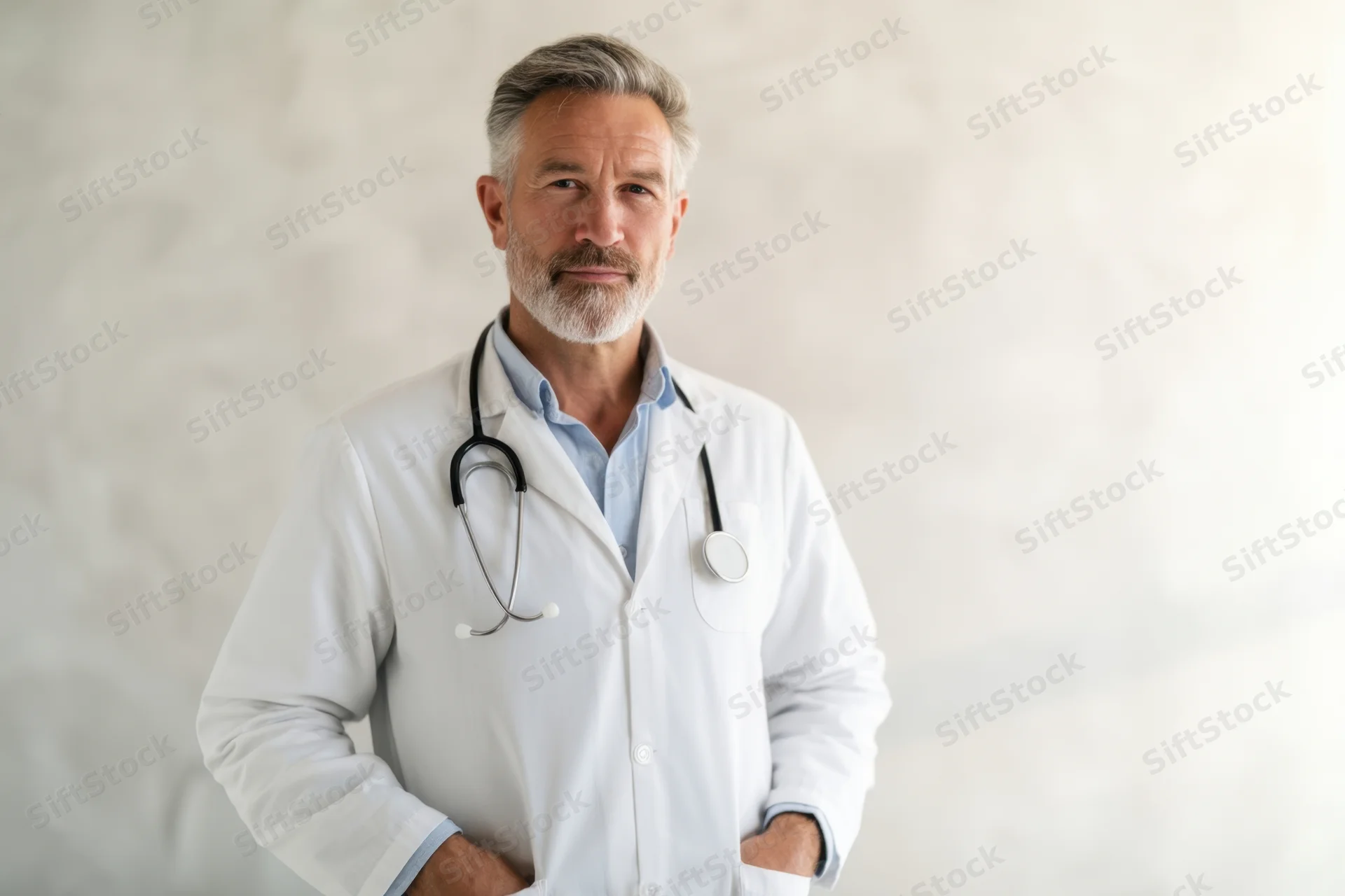 Senior male doctor in white lab coat with stethoscope around neck standing with hands in pockets against light neutral background