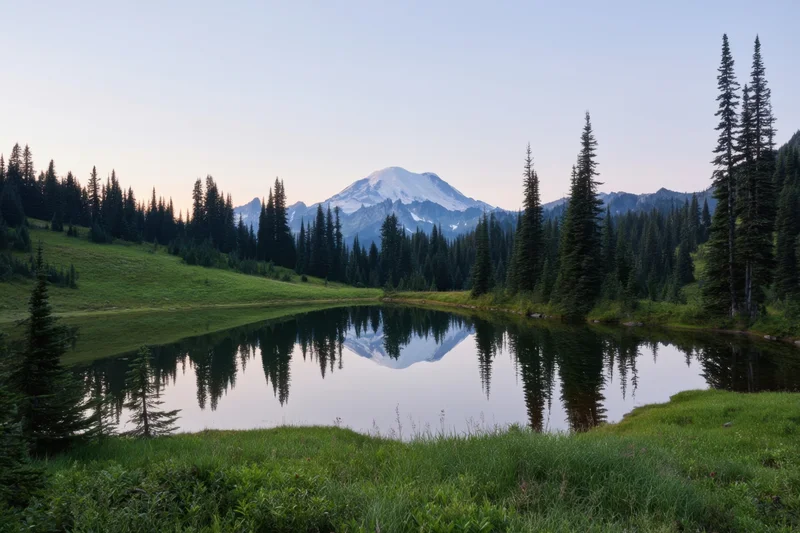 Snow-capped mountain reflected in calm alpine lake surrounded by dense evergreen forest