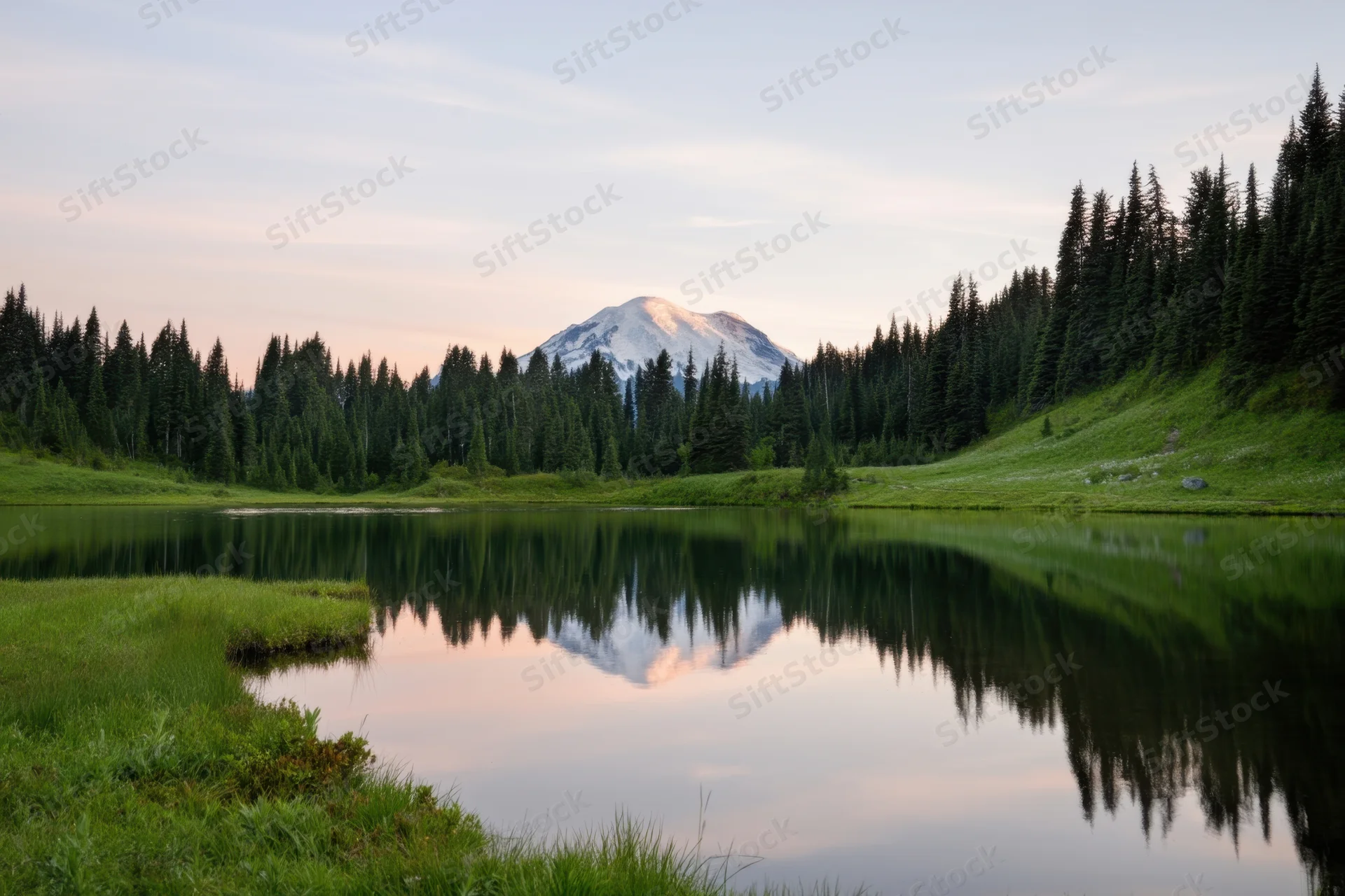 Snow-capped mountain reflected in calm alpine lake surrounded by dense evergreen forest