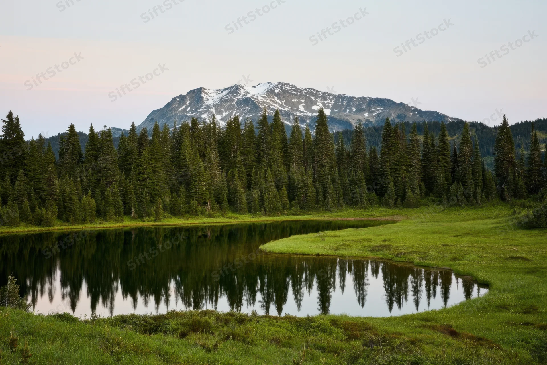 Alpine lake reflecting dense evergreen forest and snow-capped mountain in serene landscape