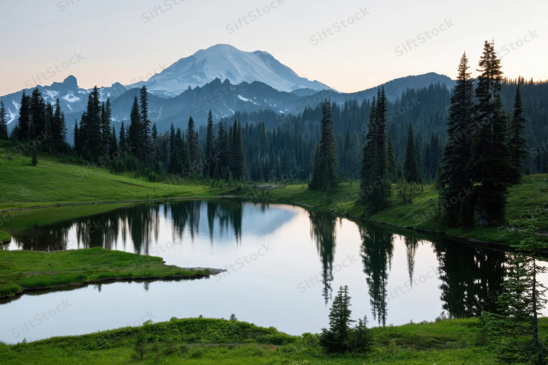 Alpine lake reflecting snow-capped mountain and evergreen forest at dusk