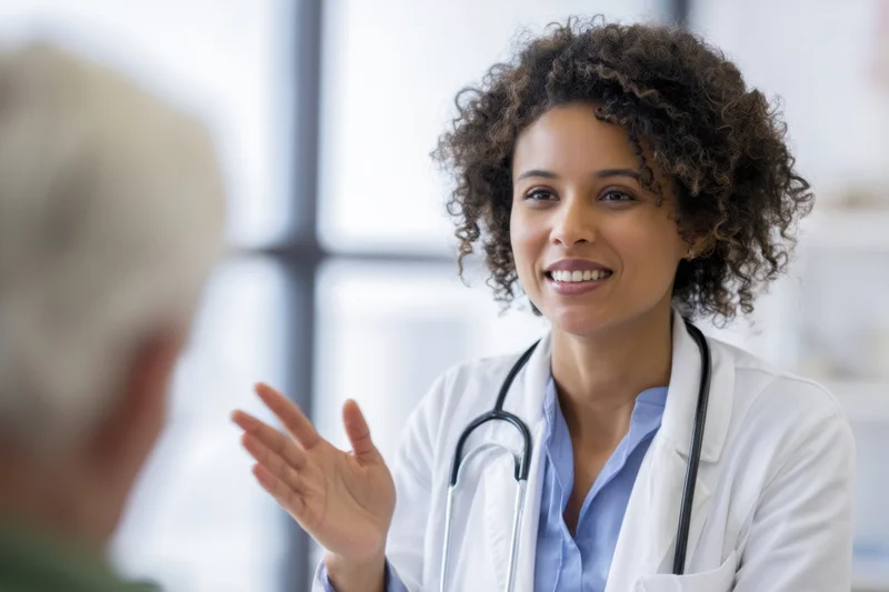 Smiling black female doctor in white coat talking with patient in clinic office