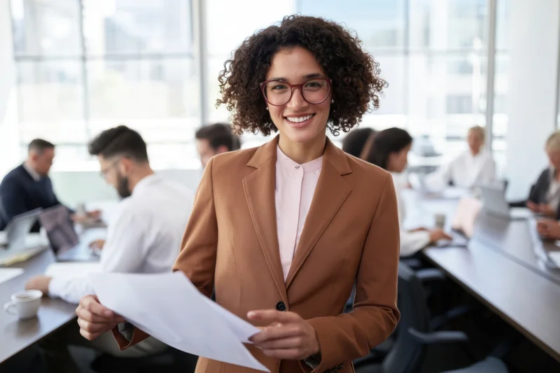Smiling woman in brown blazer holding document in office meeting room
