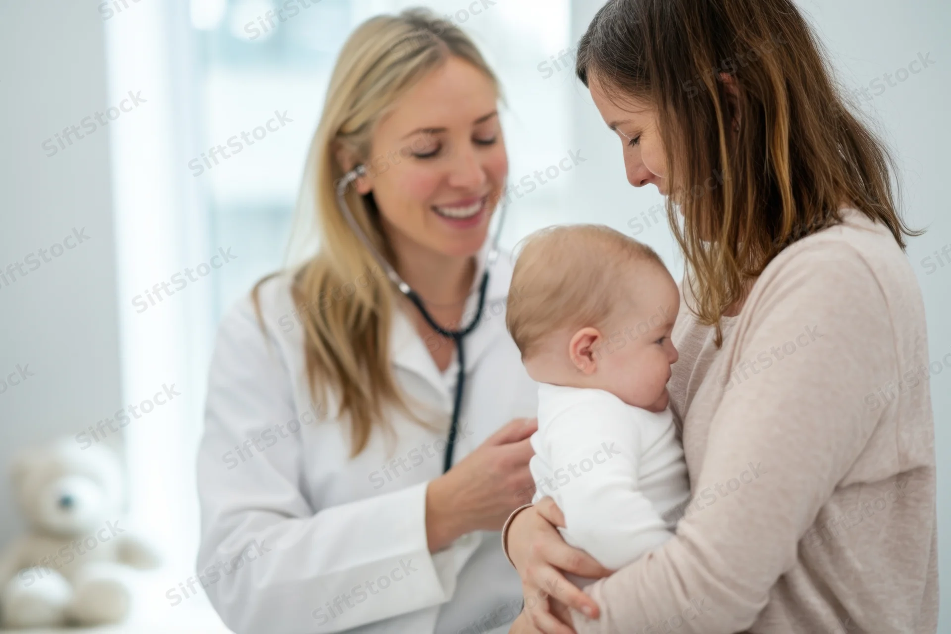 Pediatrician examining baby held by mother in clinic