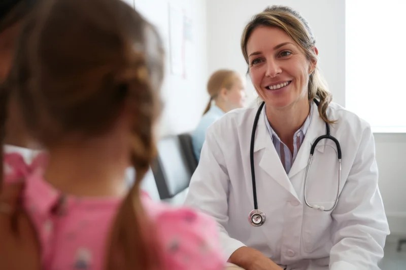 Female doctor smiling at young girl during pediatric consultation in clinic office