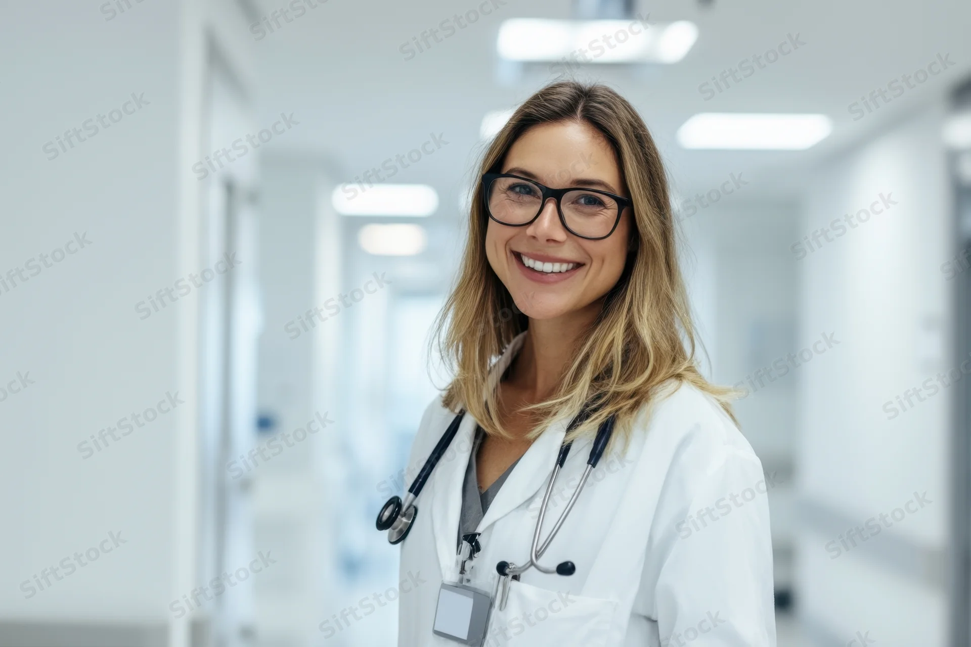 Smiling female doctor in white lab coat with stethoscope standing in hospital corridor