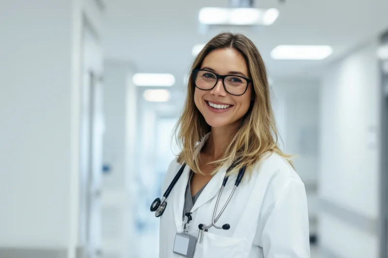 Smiling female doctor in white lab coat with stethoscope standing in hospital corridor