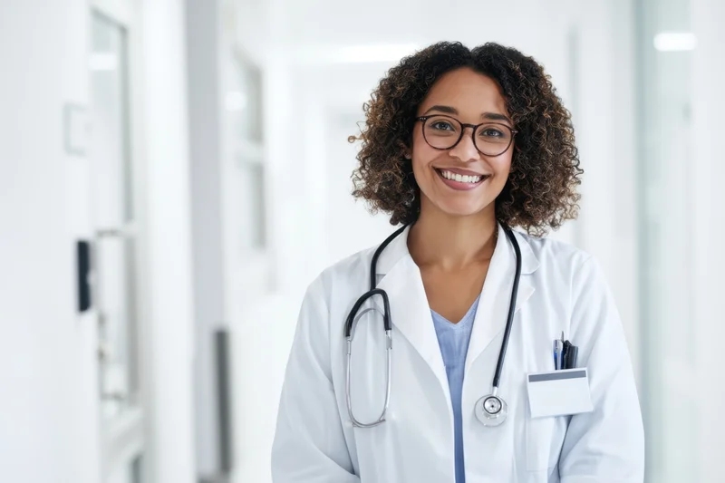 Smiling female doctor in white lab coat with stethoscope standing in hospital corridor