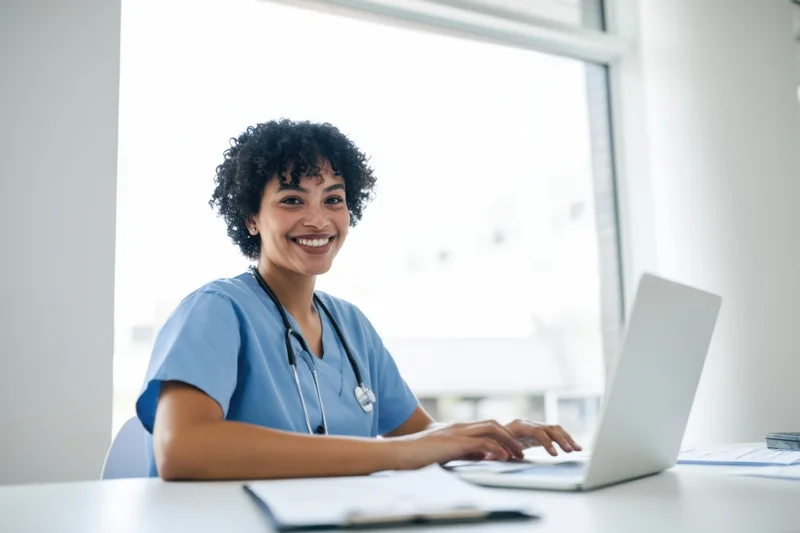 Smiling nurse in blue scrubs using laptop at desk in bright office