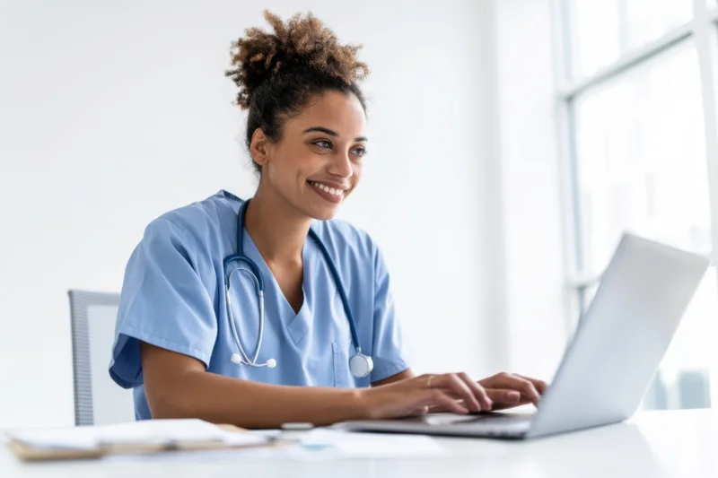 Nurse in blue scrubs typing on laptop at desk in bright office