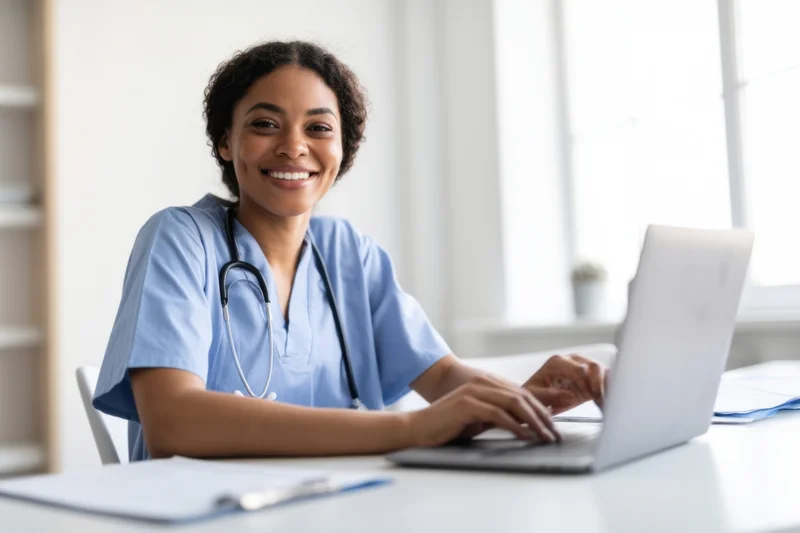 Smiling nurse in blue scrubs typing on laptop at desk in office