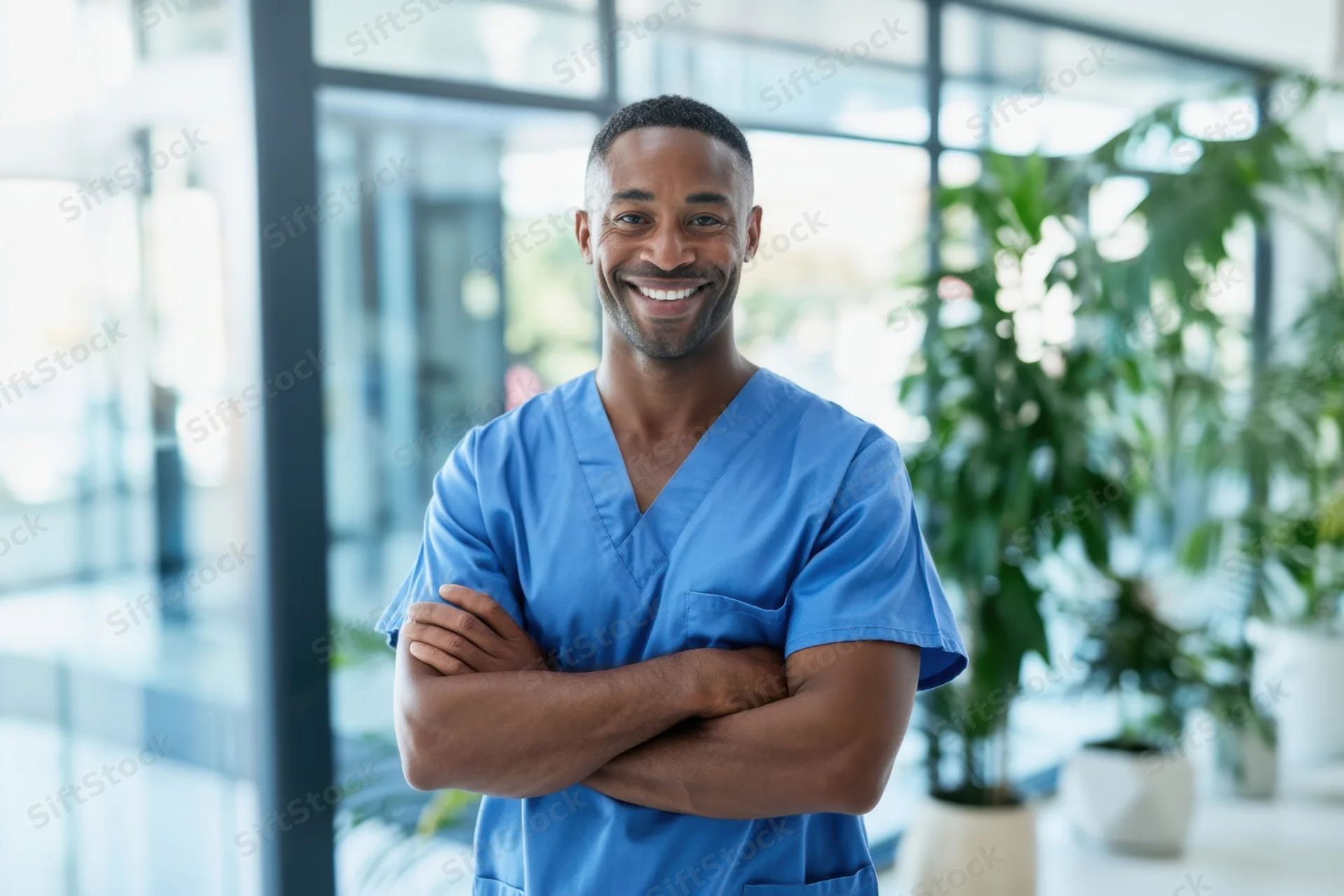 Smiling healthcare worker in blue scrubs with arms crossed in a modern hospital lobby