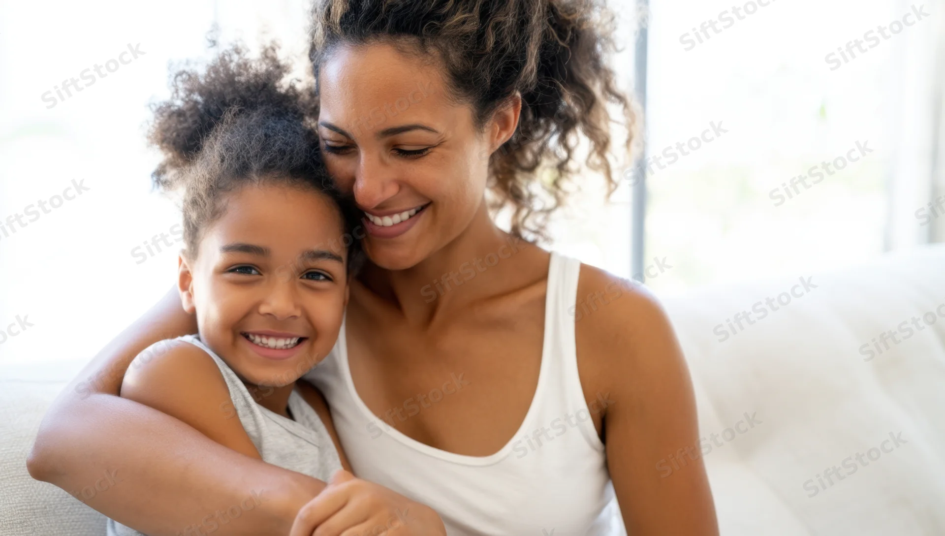Mother hugging her young daughter on a couch at home