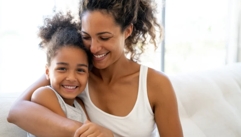 Mother hugging her young daughter on a couch at home
