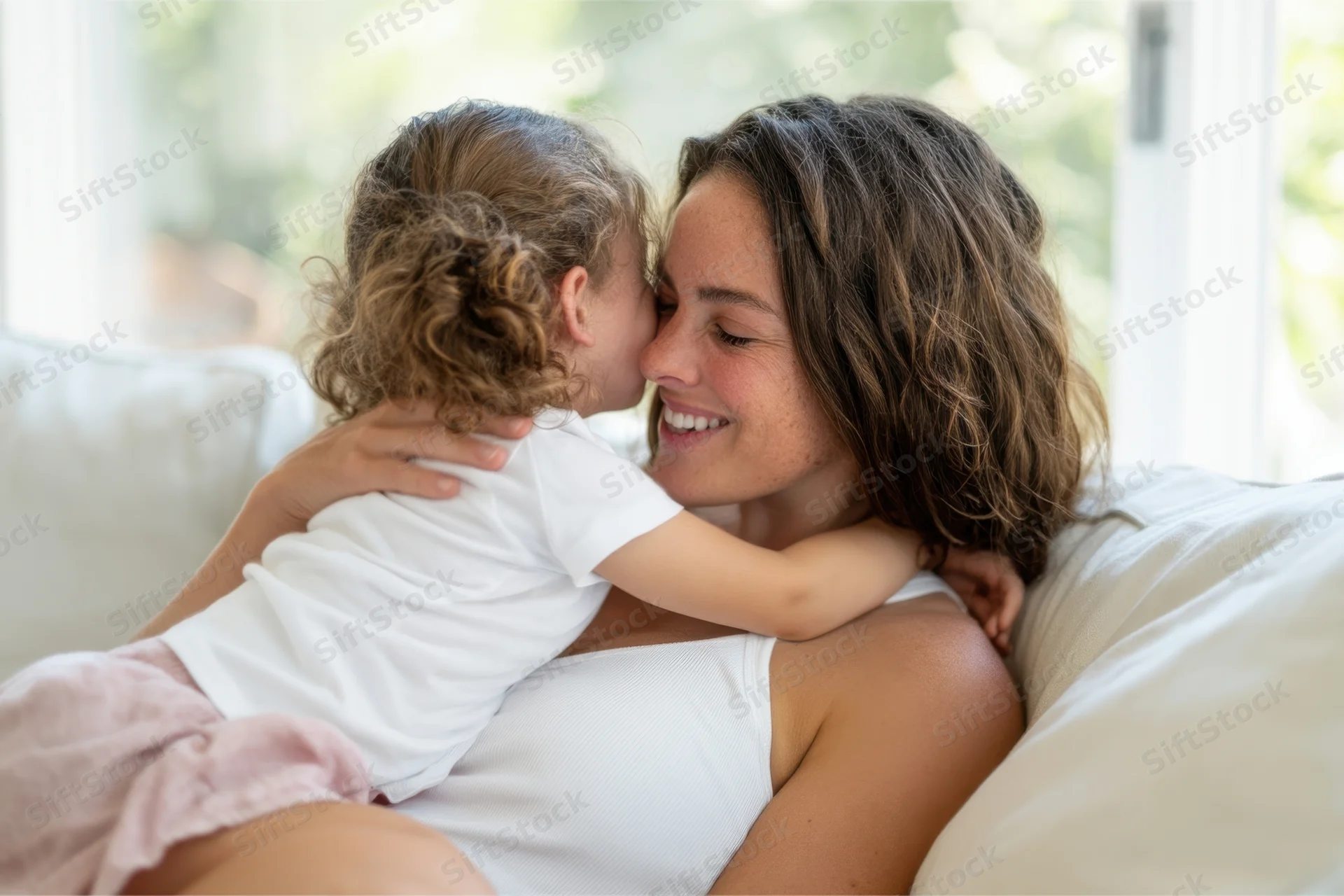 Mother hugging her young daughter on a couch in a sunlit living room