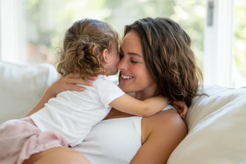 Mother hugging her young daughter on a couch in a sunlit living room