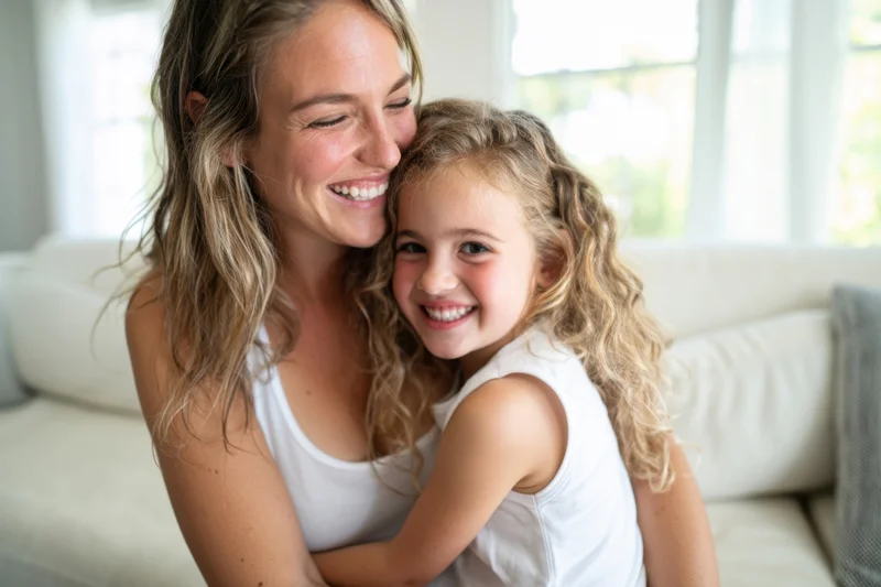Mother hugging her young daughter on a couch in a bright living room