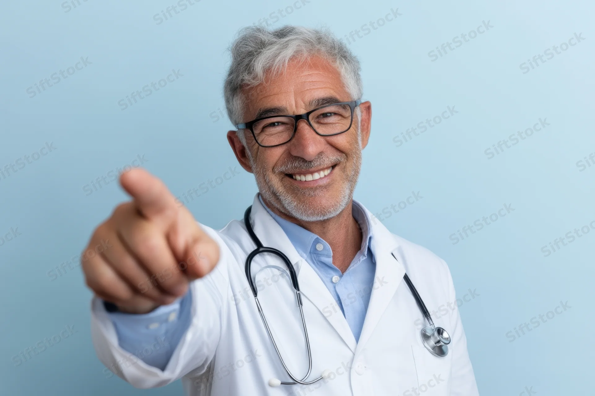 Senior male doctor in white lab coat pointing forward with smile, wearing glasses and stethoscope against light blue background