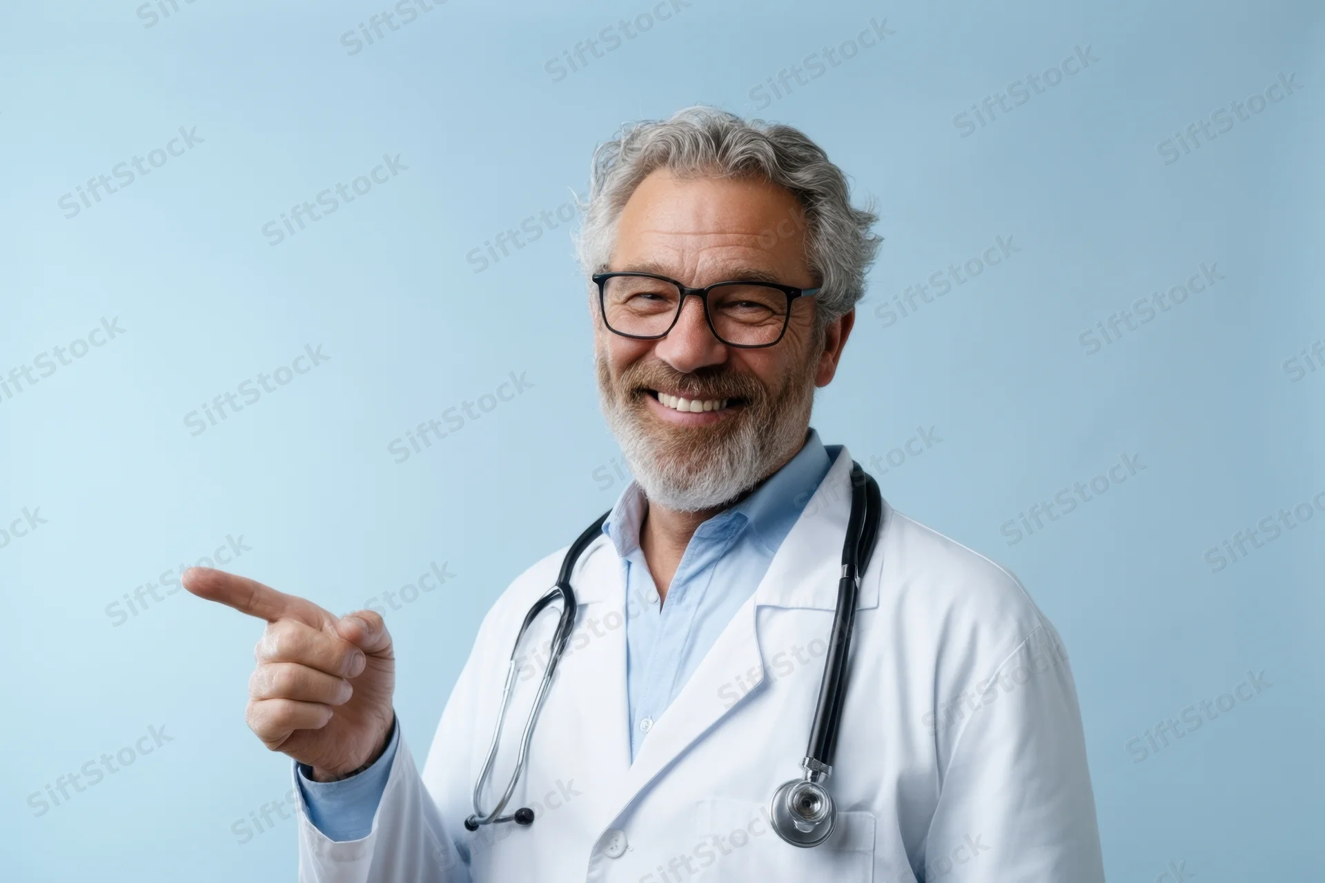 Smiling senior male doctor in white lab coat pointing with stethoscope around neck against blue background