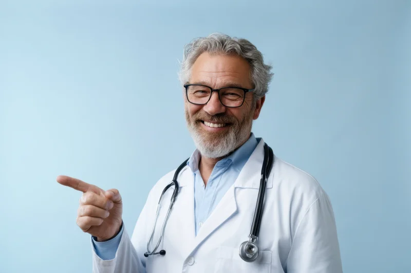 Smiling senior male doctor in white lab coat pointing with stethoscope around neck against blue background