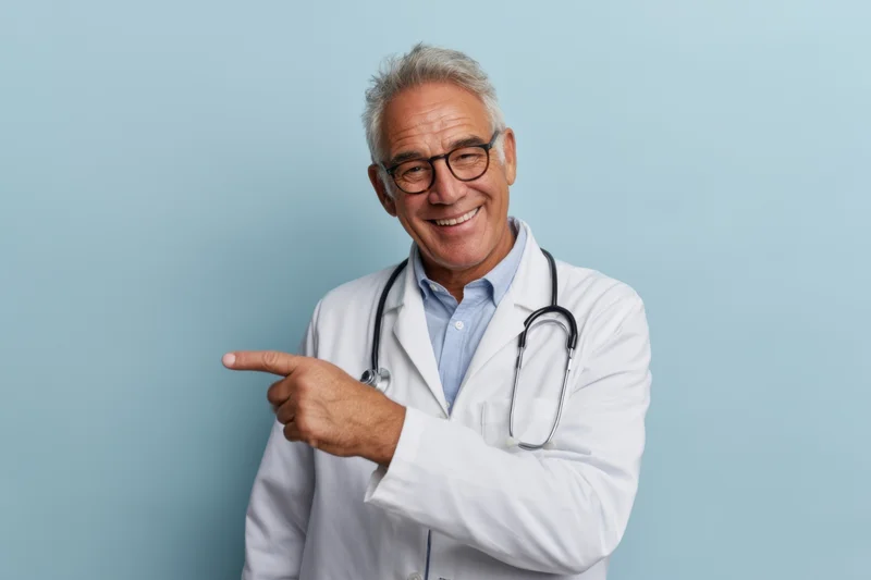 Smiling senior male doctor in white lab coat pointing to side against blue background