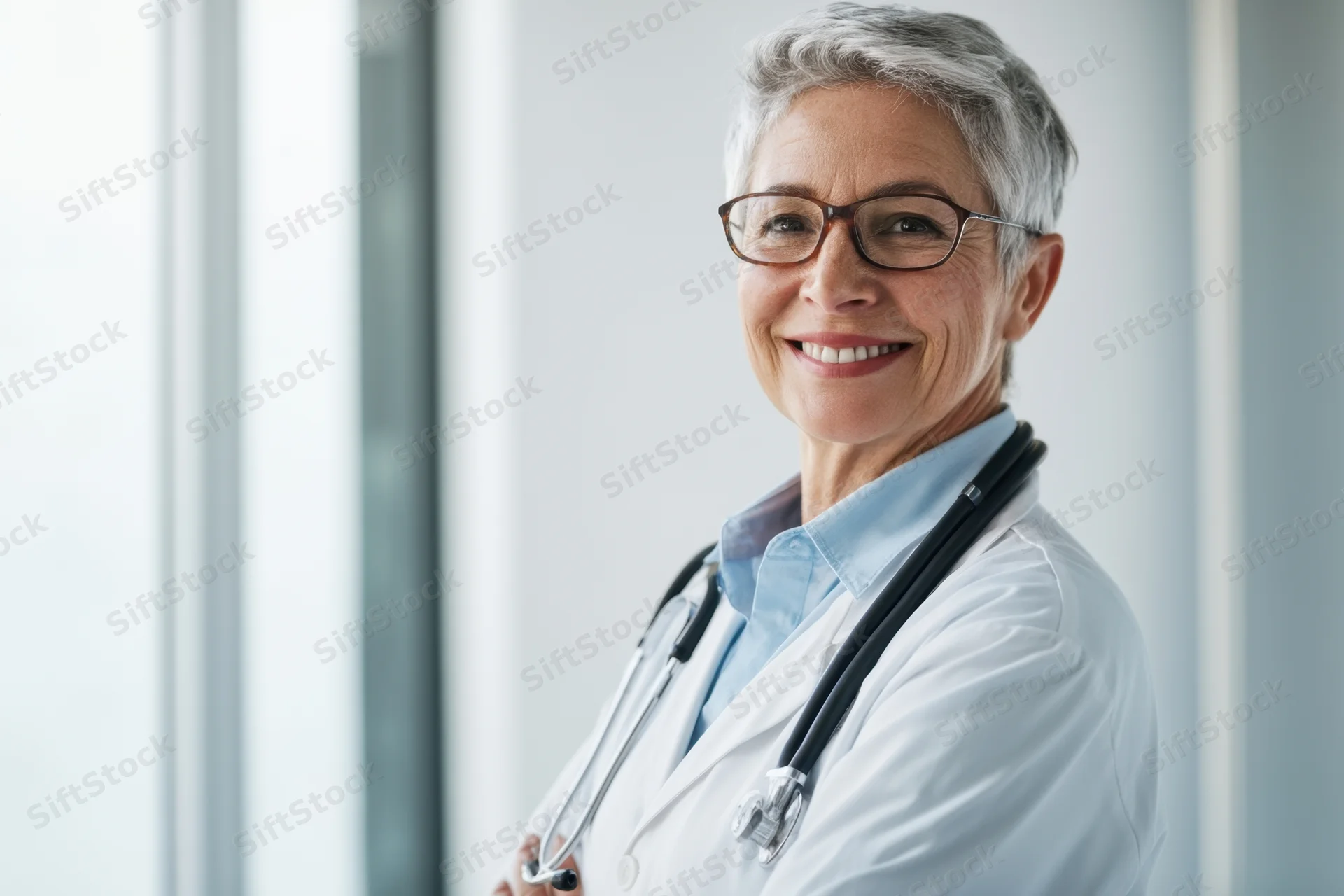 Smiling senior female doctor in white lab coat with stethoscope around neck in bright clinic interior