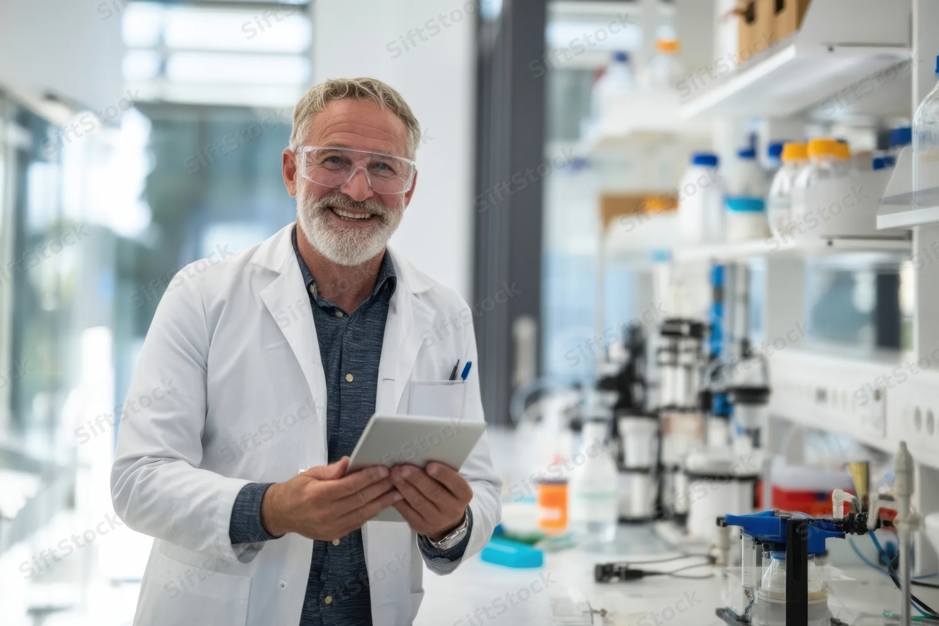 Senior scientist in white lab coat holding tablet in laboratory