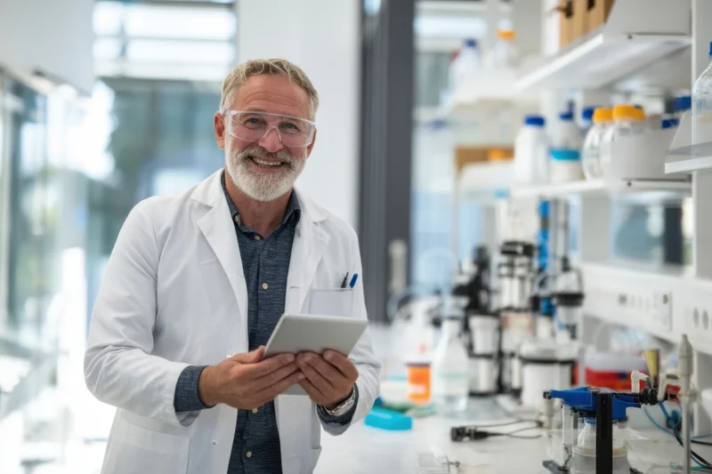 Senior scientist in white lab coat holding tablet in laboratory