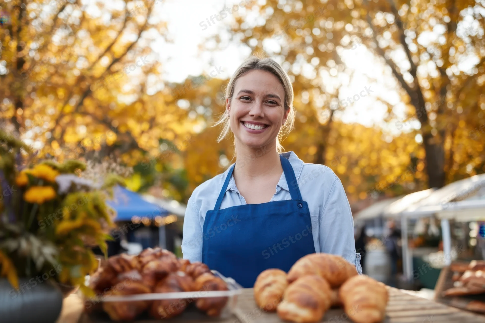 Smiling woman in blue apron behind table of croissants at outdoor market