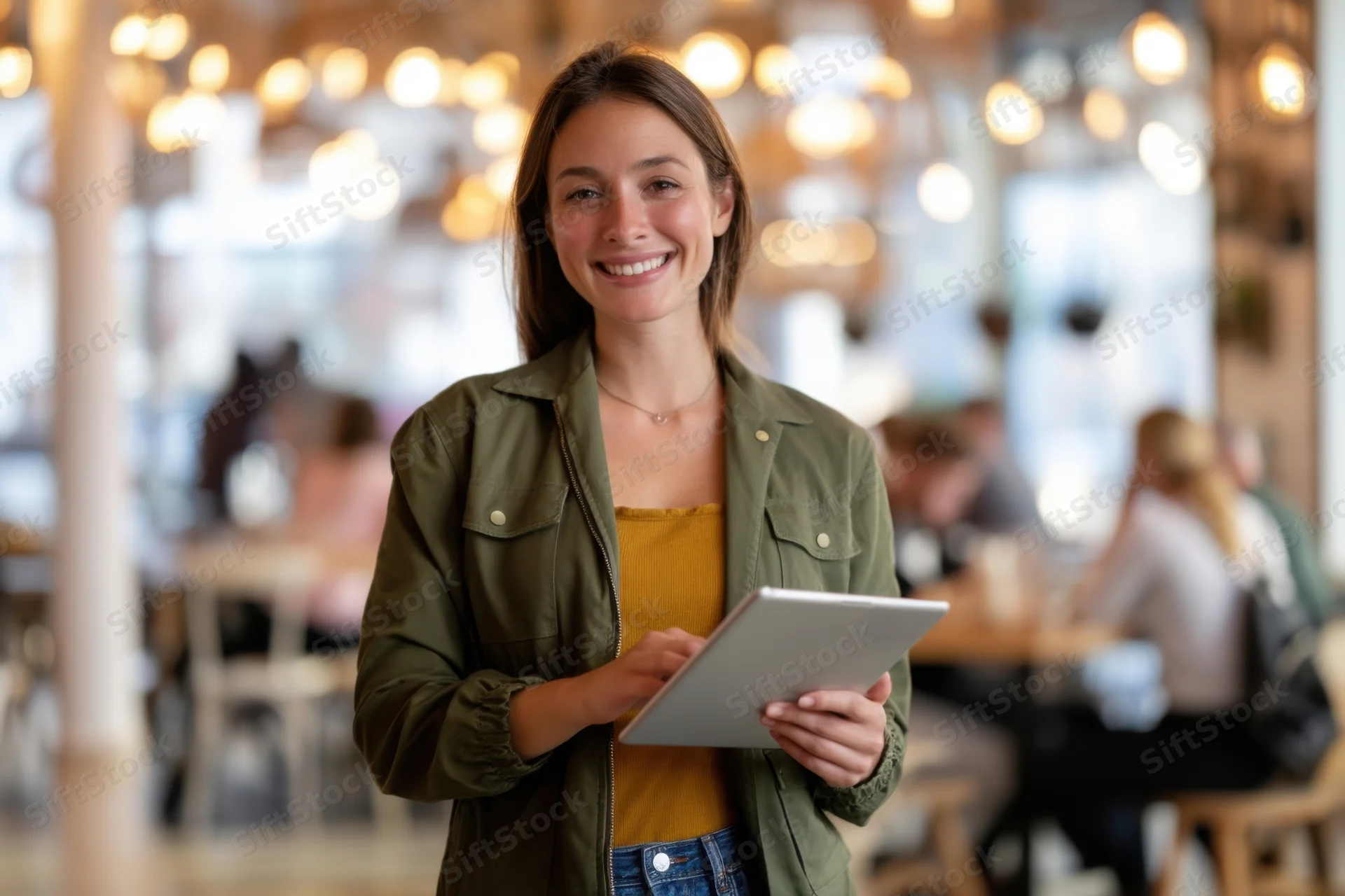 Smiling woman holding tablet in bright cafe interior