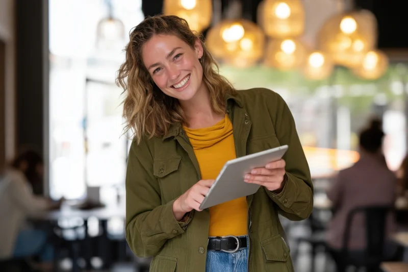 Smiling woman holding tablet in bright cafe interior