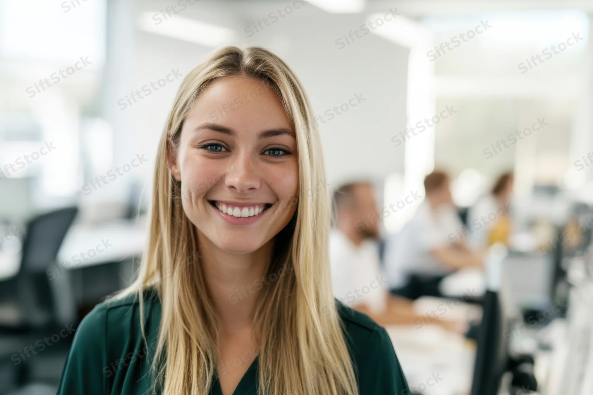Smiling woman in dark green blouse standing in modern office with colleagues working at desks in background