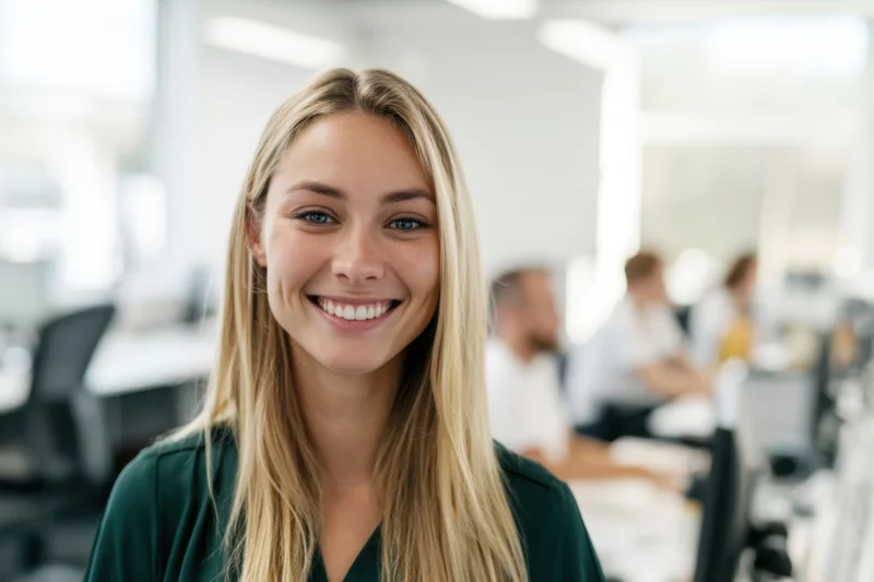 Smiling woman in dark green blouse standing in modern office with colleagues working at desks in background