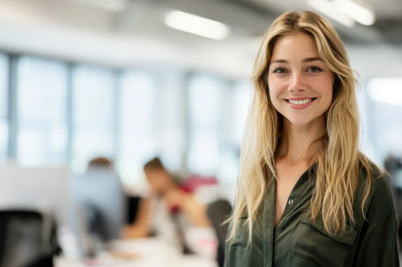 Smiling woman in dark green shirt standing in modern office with colleagues working at desks in background