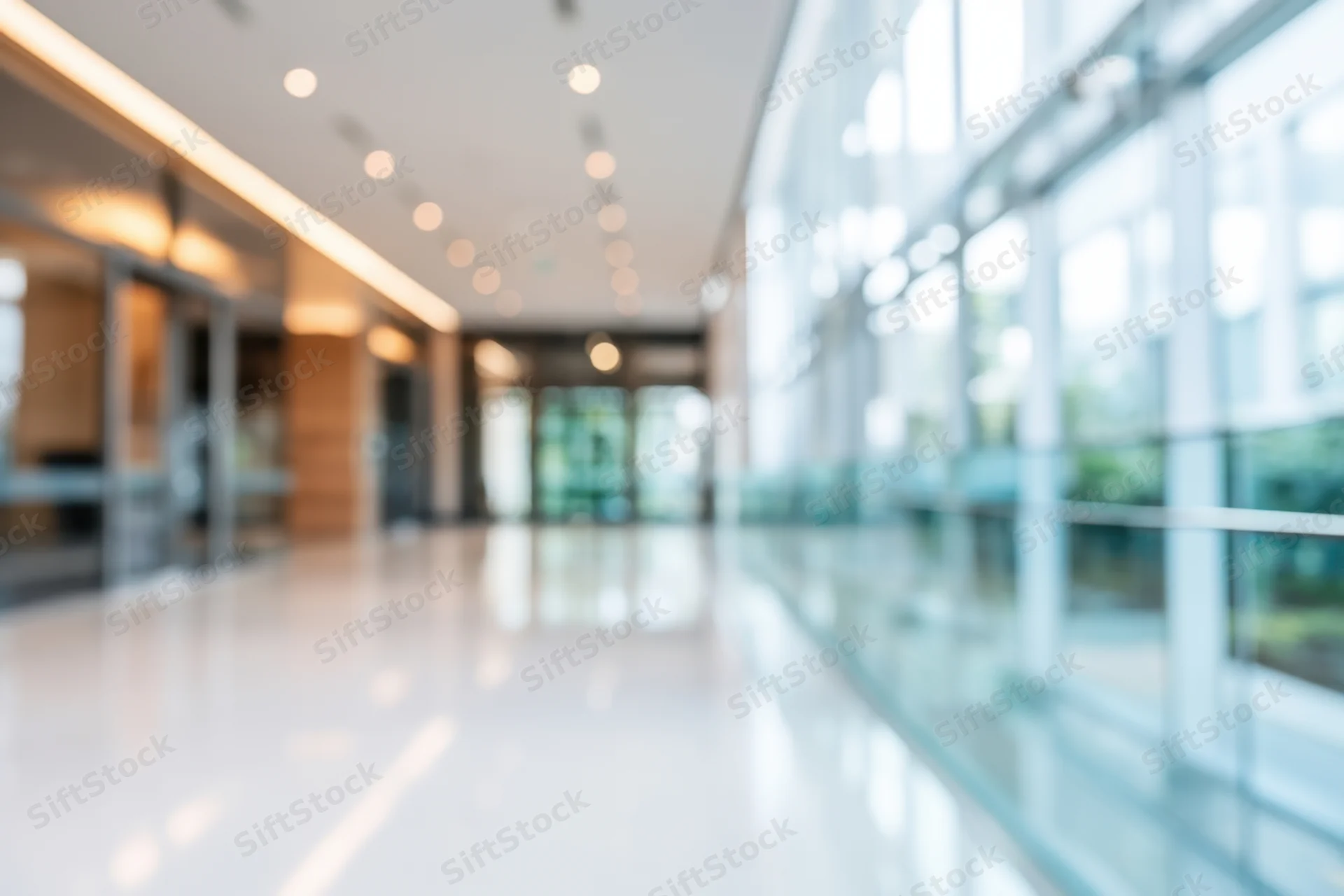 Modern office hallway with glossy white floor and glass walls, softly blurred interior view