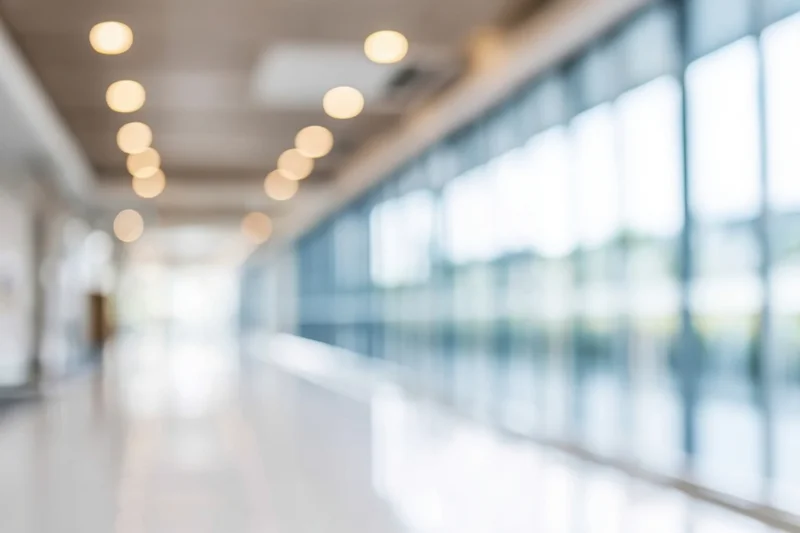 Blurred modern office hallway with glossy white floor and glass windows