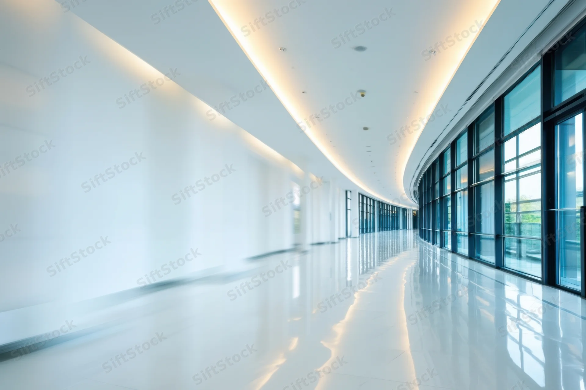 Curved modern hallway with glossy white floor and glass windows reflecting recessed ceiling lights