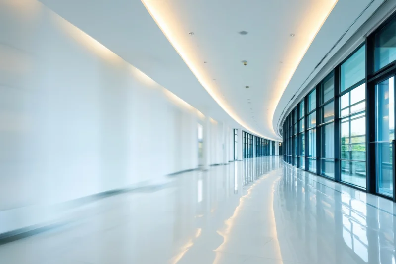 Curved modern hallway with glossy white floor and glass windows reflecting recessed ceiling lights