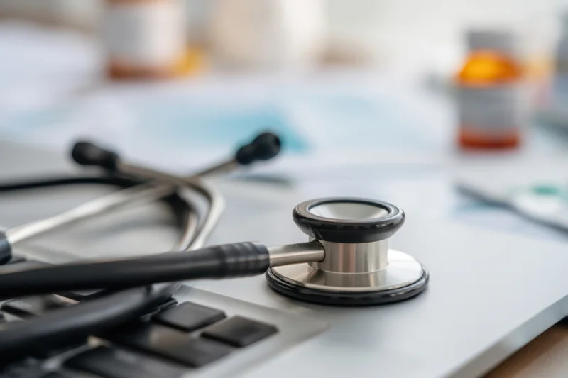 Stethoscope resting on laptop keyboard in a medical office