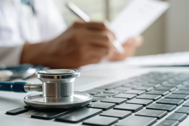 Stethoscope resting on laptop keyboard with clinician writing notes in background